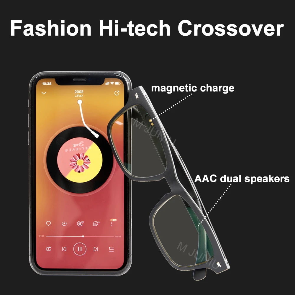 Smartphone with music app interface and sunglasses labeled 'magnetic charge' and 'AAC dual speakers' on a black background.
