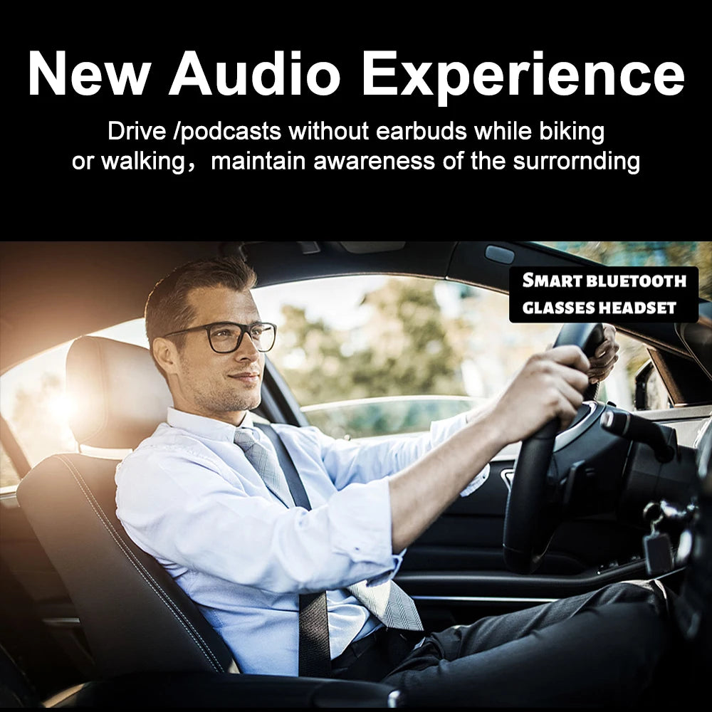 Man driving a car with a smart Bluetooth glasses headset, promoting a new audio experience.