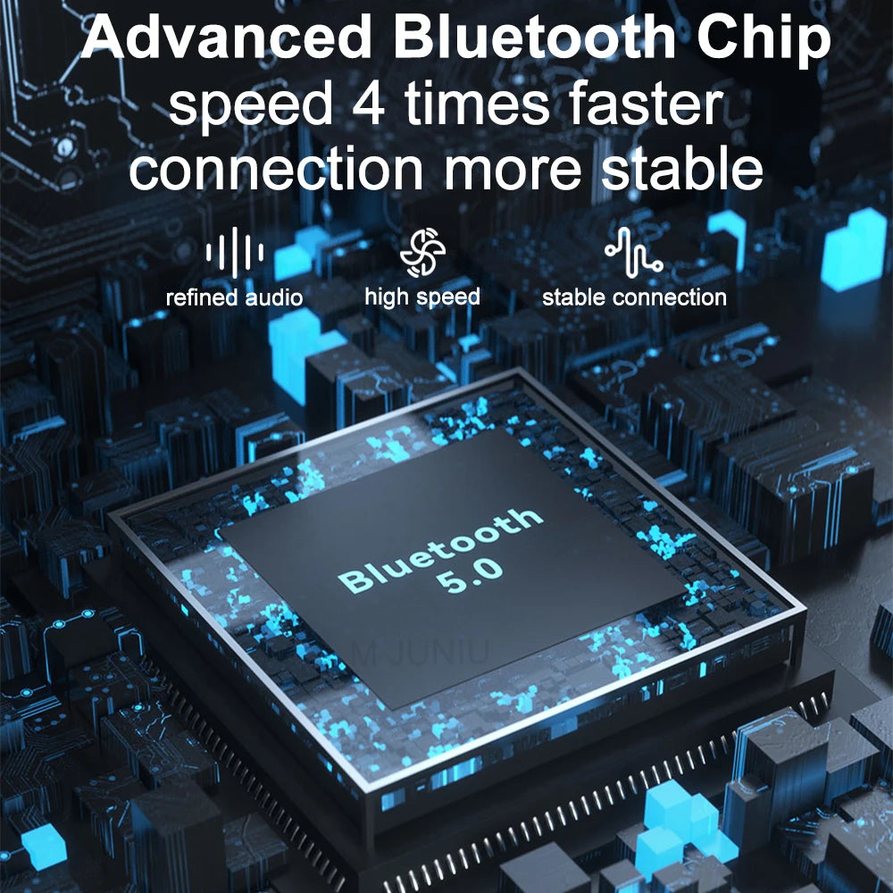 Advanced Bluetooth chip with text highlighting speed and stability on a circuit board background
