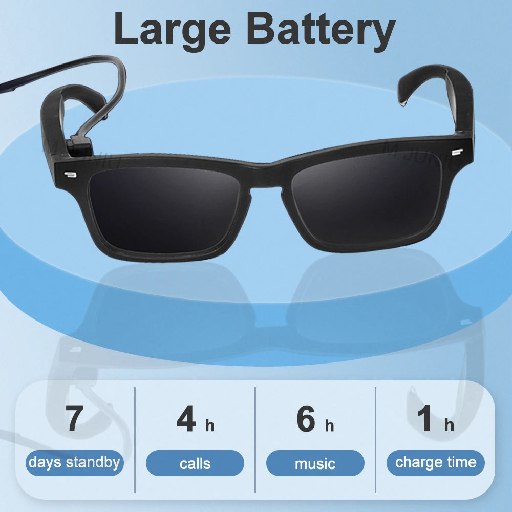 Black sunglasses with a large battery feature display on a blue background