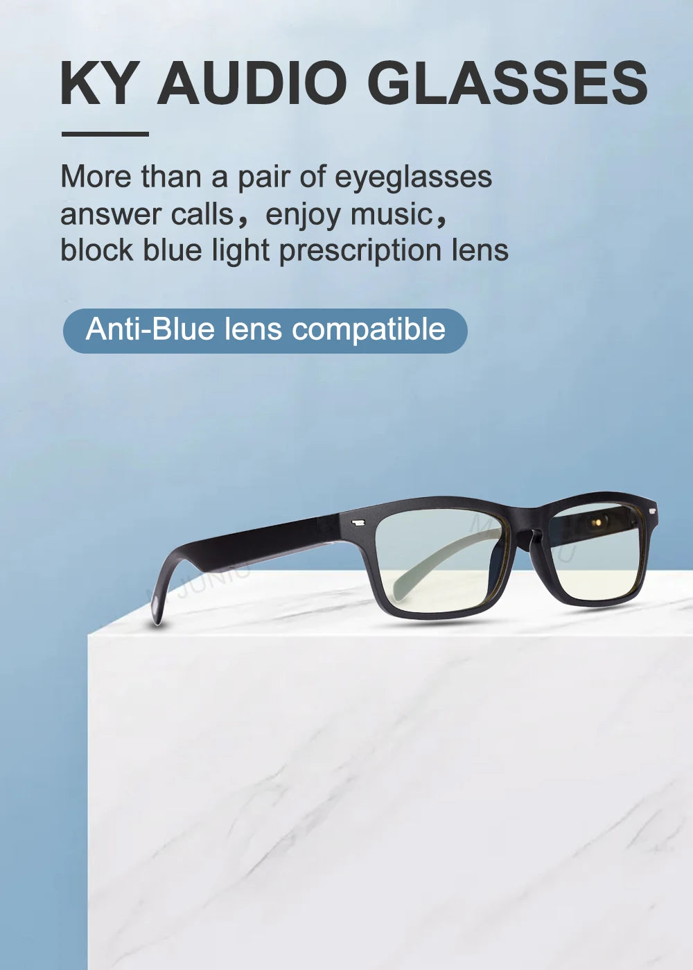 KY Audio Glasses with text on a blue background