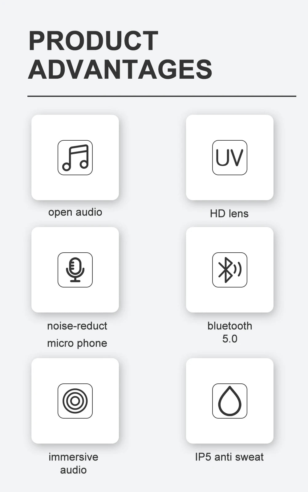 Product advantages with icons and text on a white background