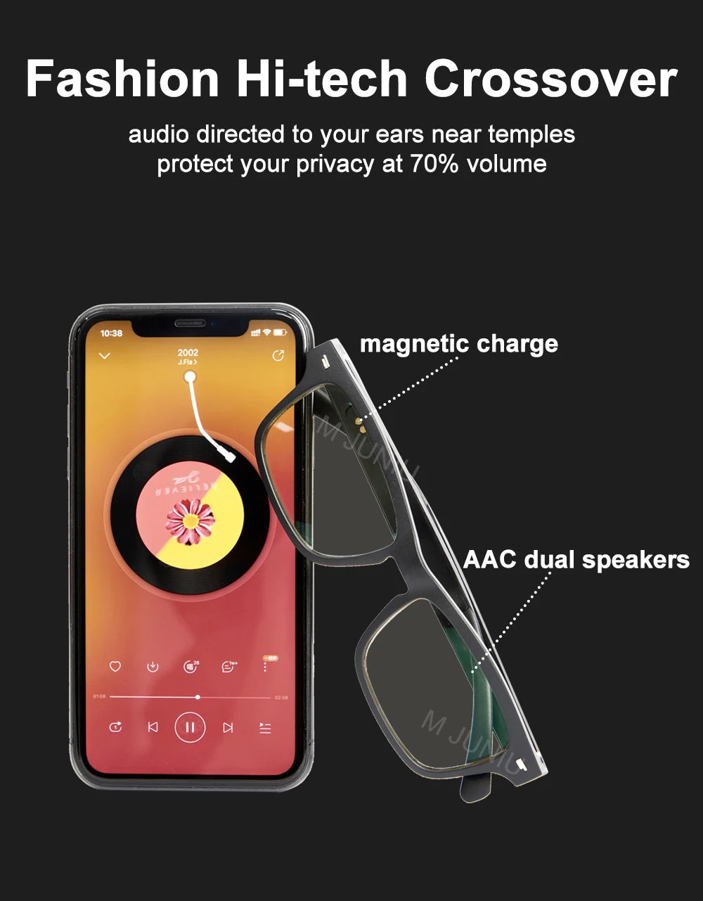 Phone with earbud display and glasses with text highlighting features on a black background