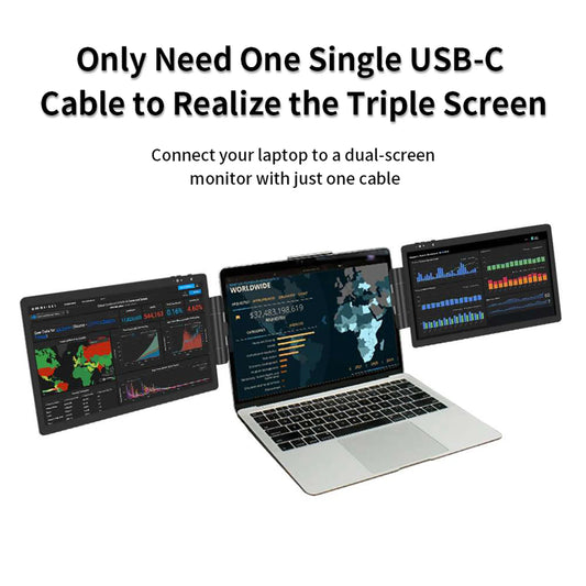 "Laptop with dual monitors connected by a USB-C cable on a white background."