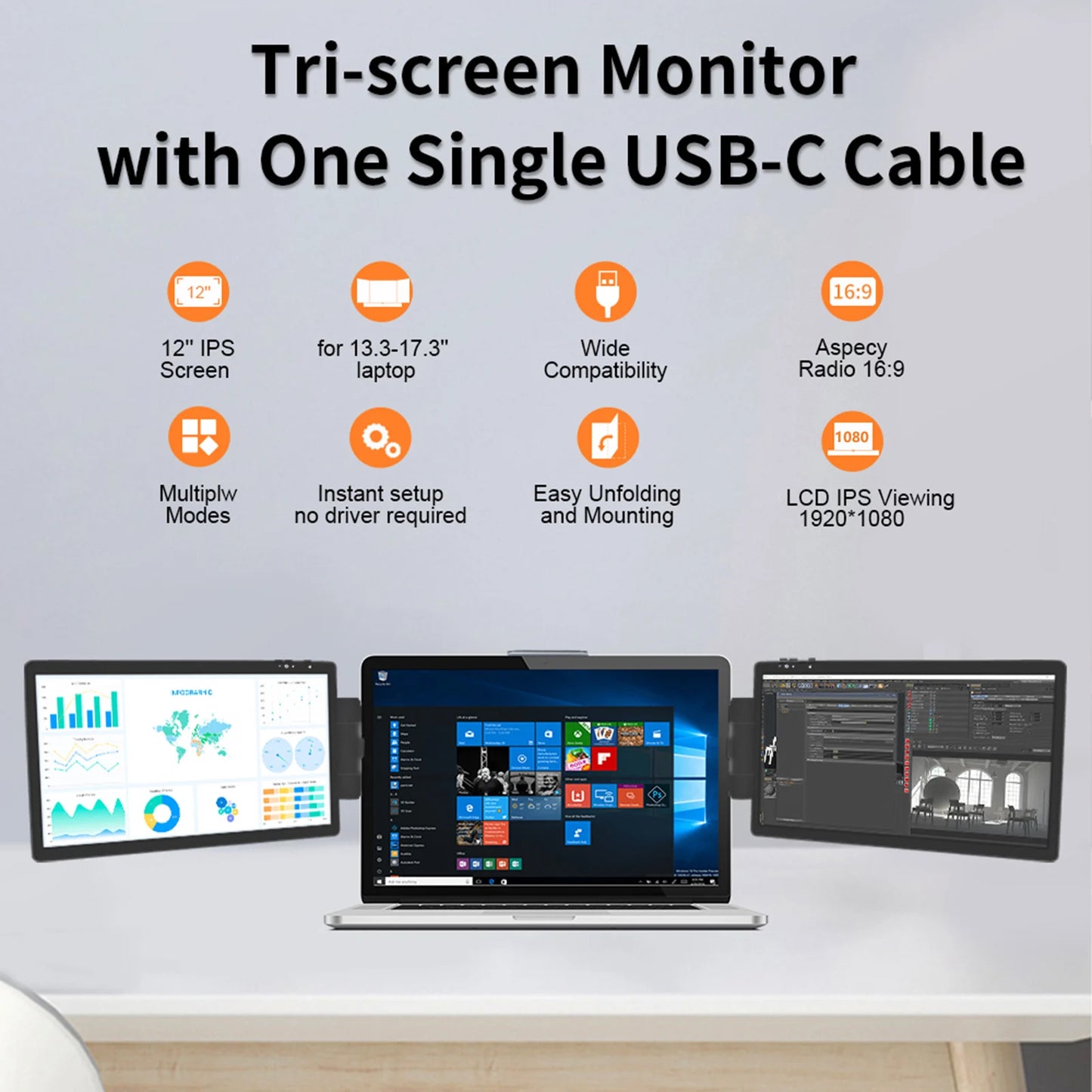 Tri-screen monitor with USB-C cable setup on a desk