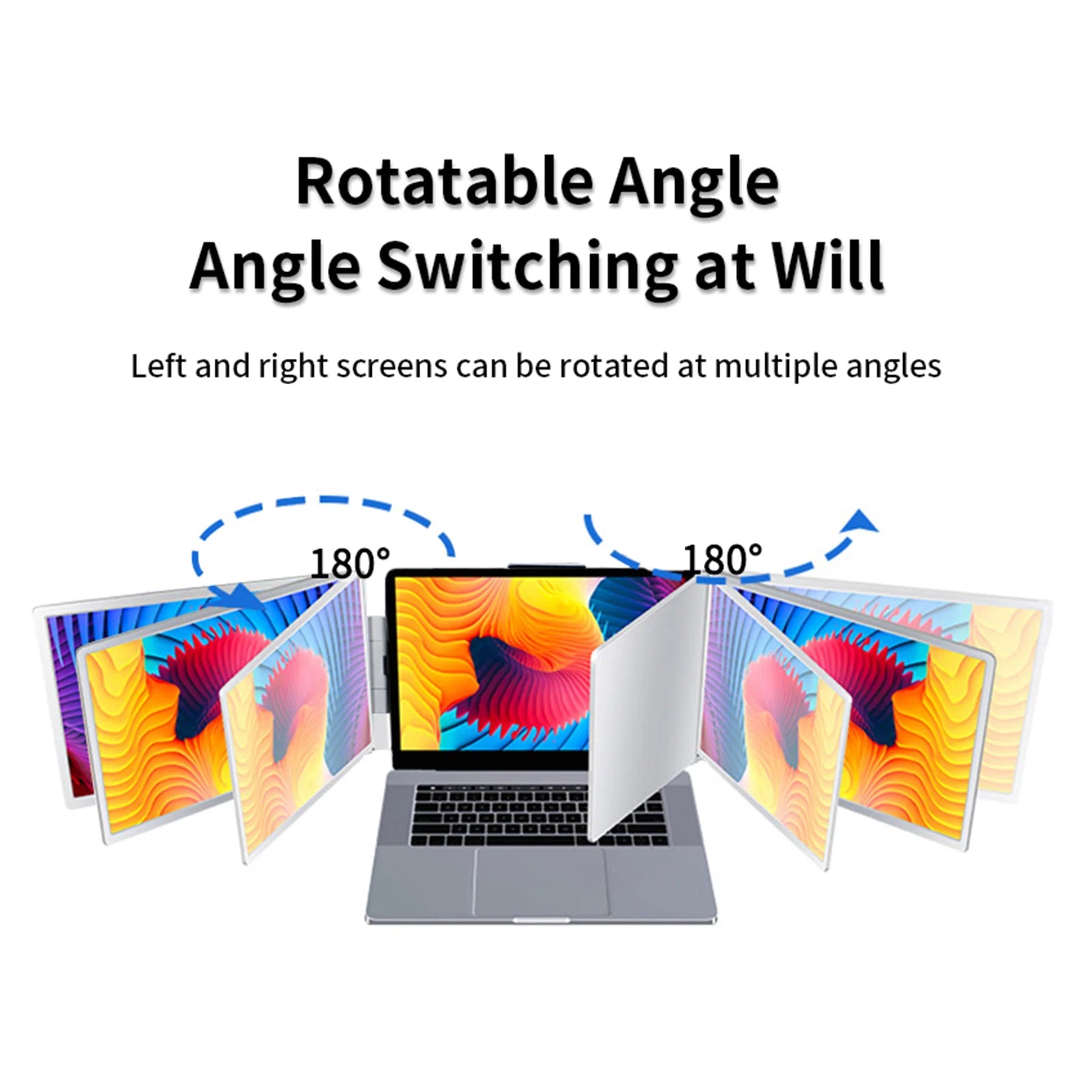 Laptop with dual screens showing rotatable angle switching feature on a white background.