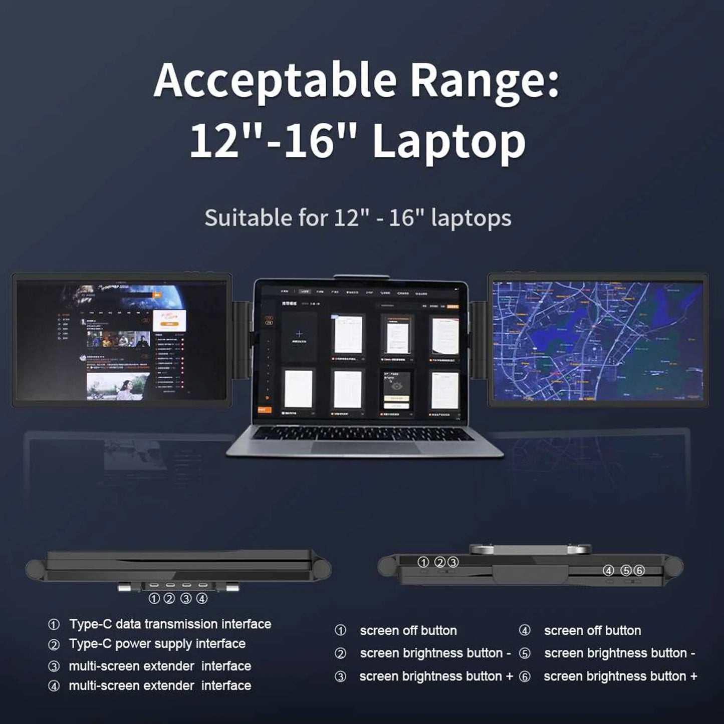 Laptop with screen extensions and interface details on a dark background