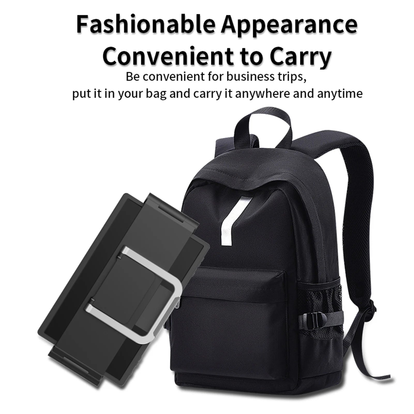 Black backpack with a tablet case on a white background