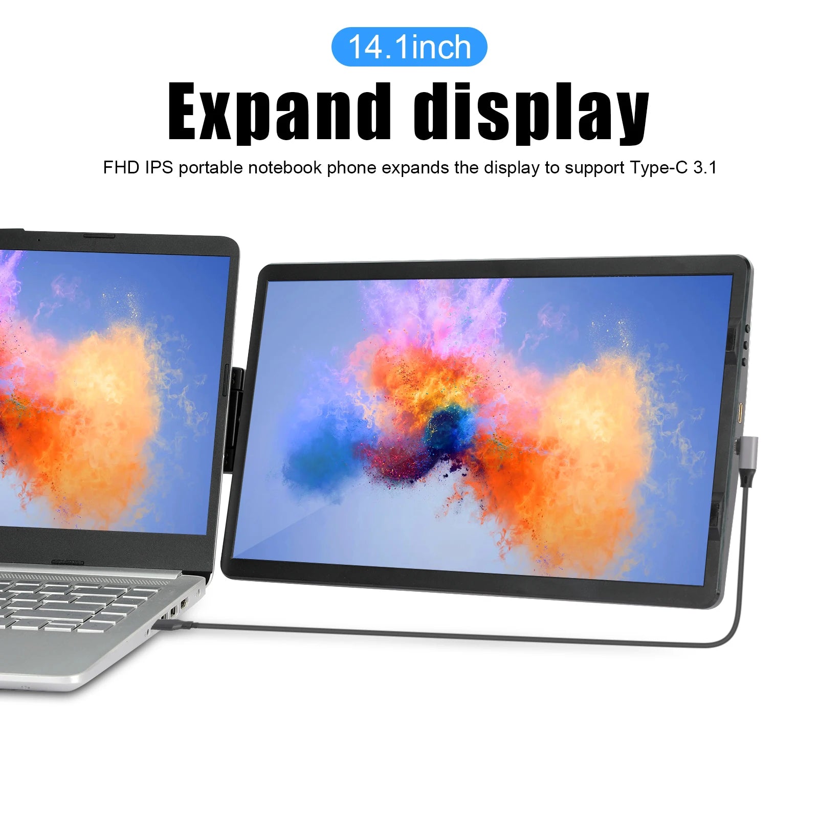 14.1-inch expandable display device attached to a laptop with colorful abstract design on screen.