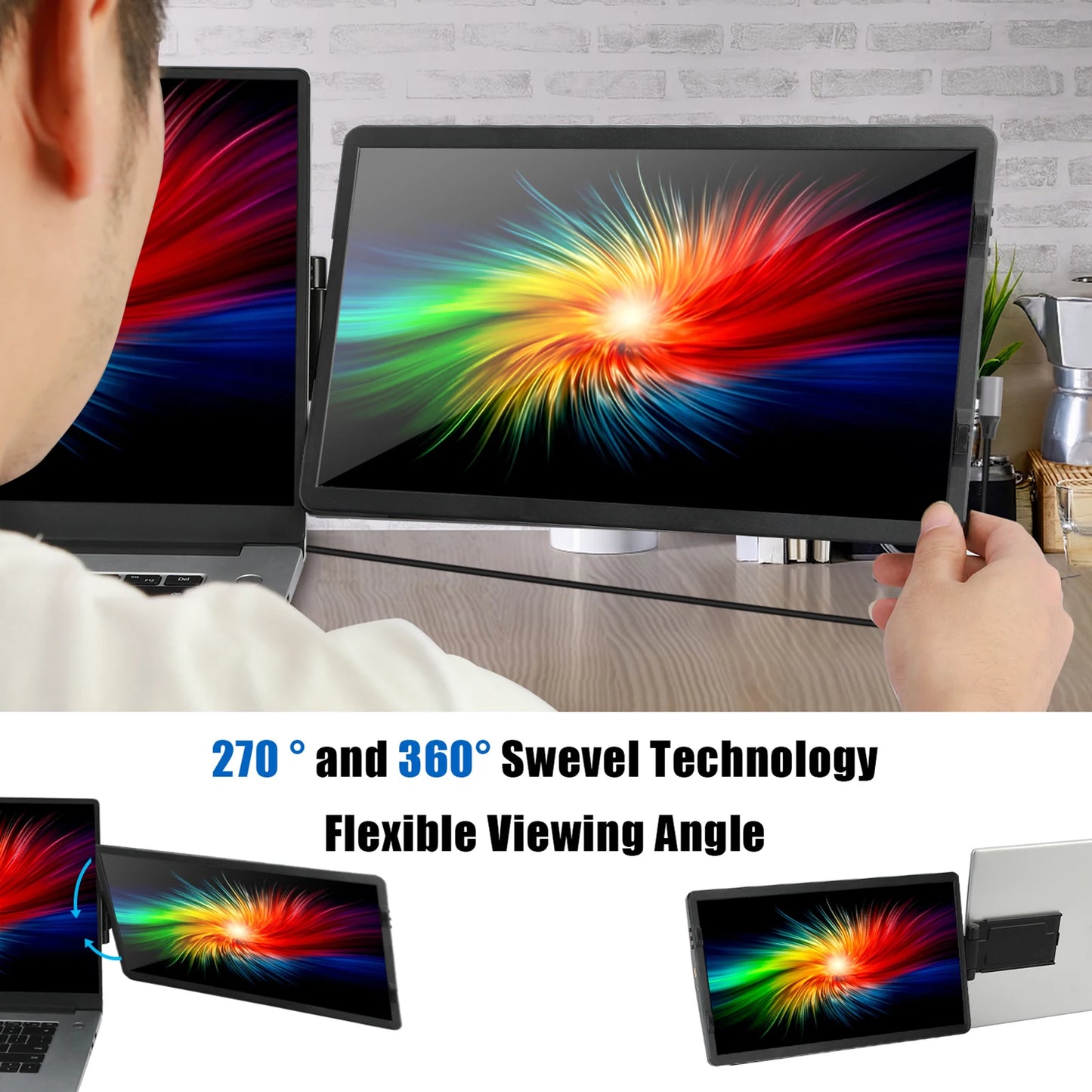 Person holding a laptop with a colorful display, emphasizing 270° and 360° swivel technology.