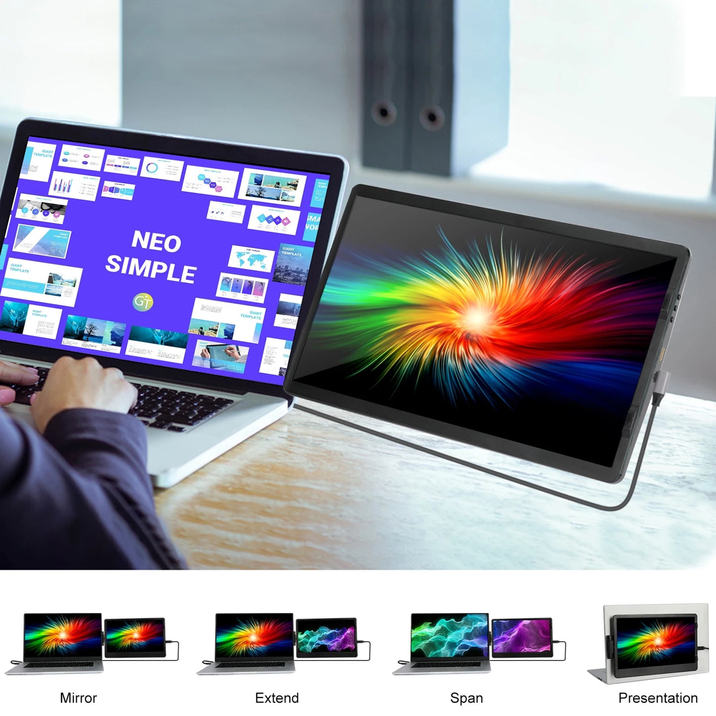 Two laptops with different screen modes displayed on a desk.