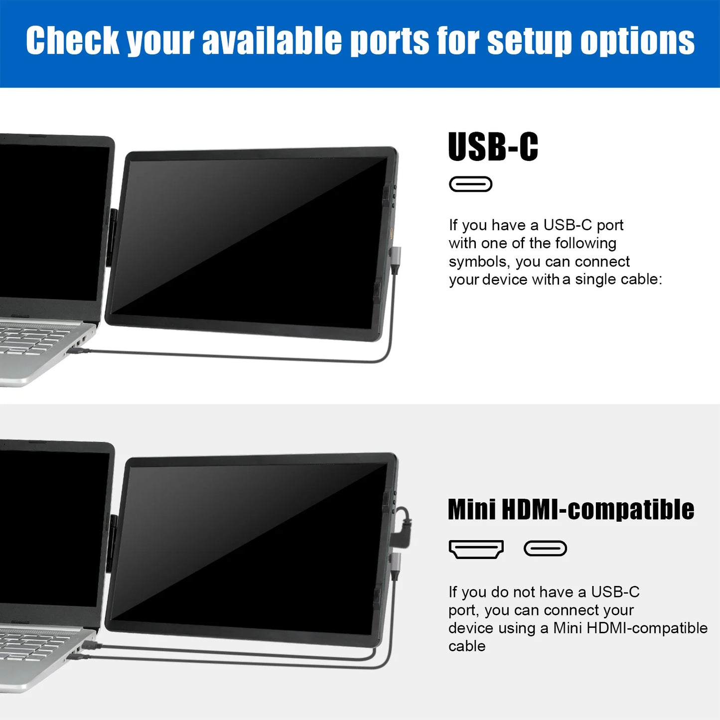 Laptop with screen protector and text explaining USB-C and Mini HDMI compatibility.