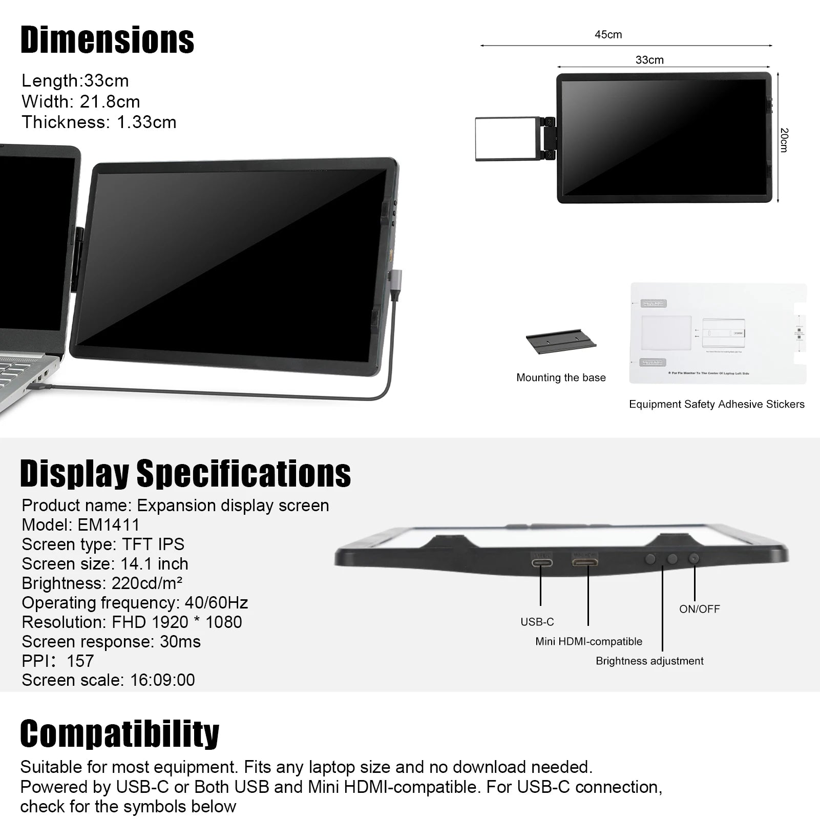 Technical specifications and features of an expansion display screen with dimensions and compatibility details.