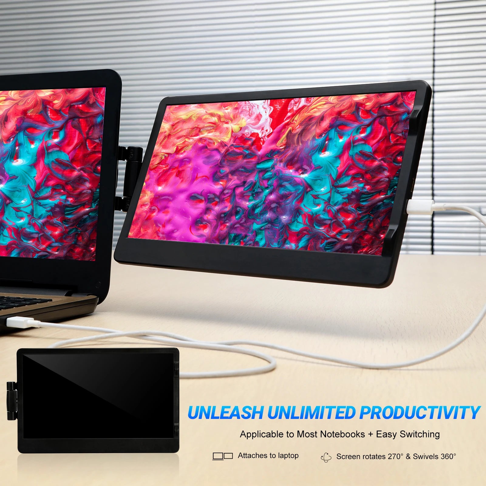 Portable external monitor attached to a laptop with colorful display, on a desk.