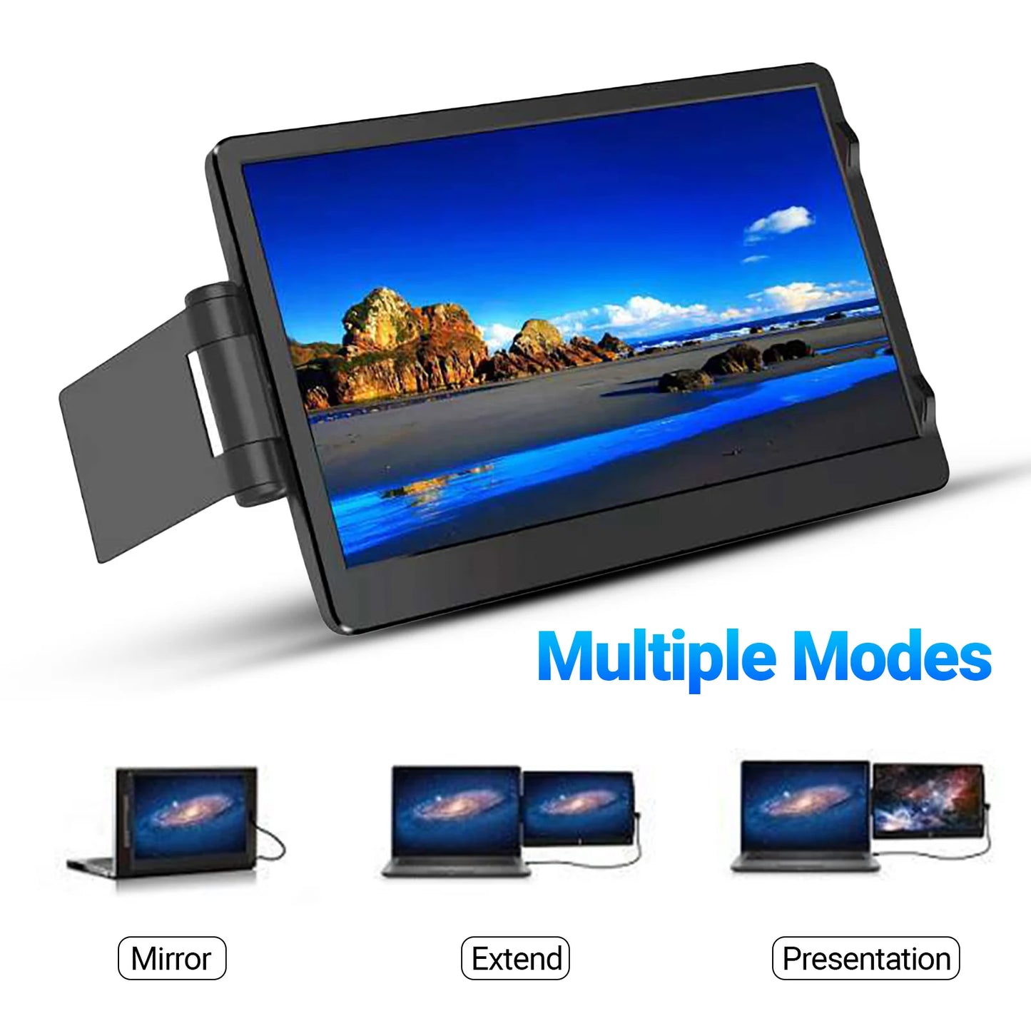 Portable monitor displaying a scenic image with modes 'Mirror', 'Extend', and 'Presentation' shown below.