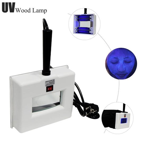 UV Wood Lamp with close-up details on a white background