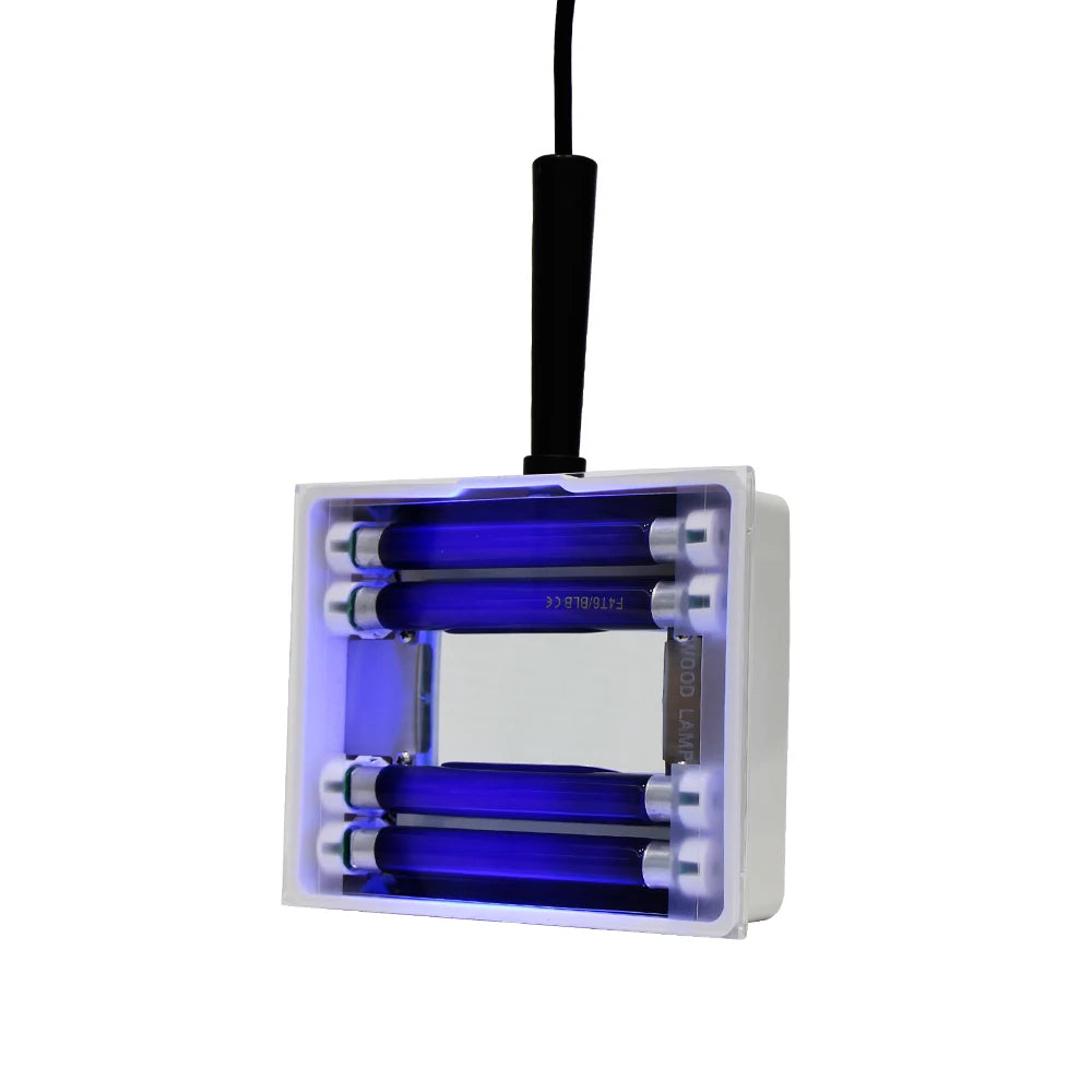 Square electronic device with blue lights on a white background